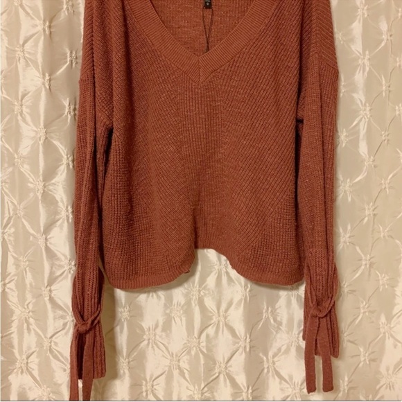 Express Tie Sleeve Split Back Cropped Sweater Pink Brown V Neck Oversized Knit - Picture 5 of 13